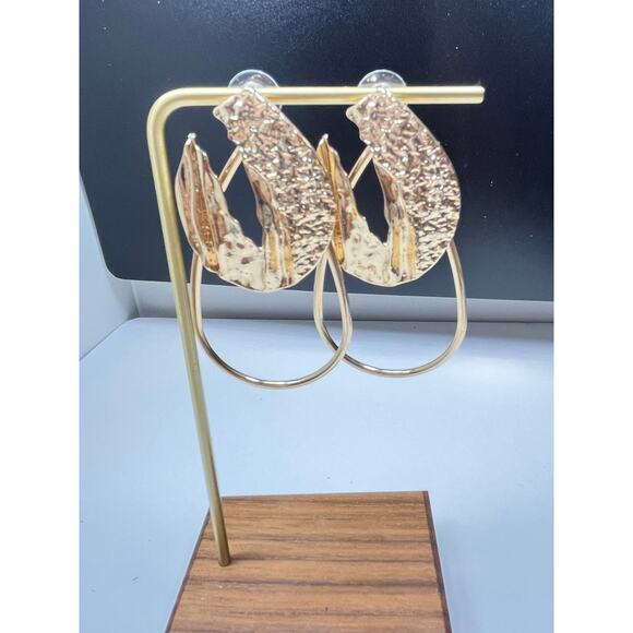 Modernist Gold Teardrop Drop Earrings Organic Open Hoop Dangle Boho Chic - Picture 2 of 5